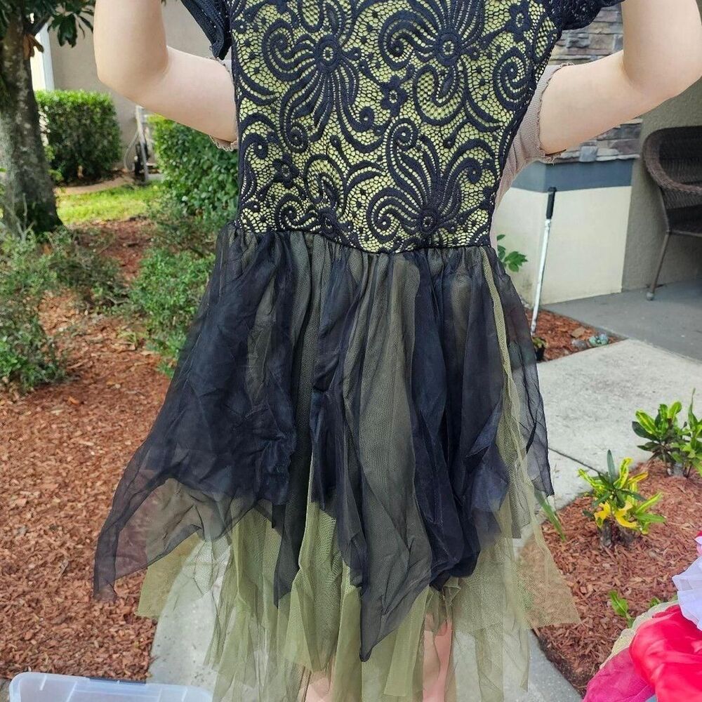 Curtain Call Black and Lime Green Tattered Tulle Dance Costume Dress R567